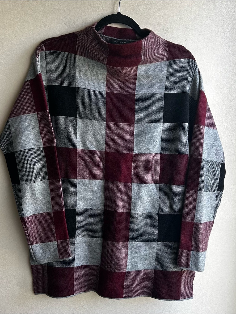 Tahari  Burgundy, Gray Plaid Turtleneck Sweater